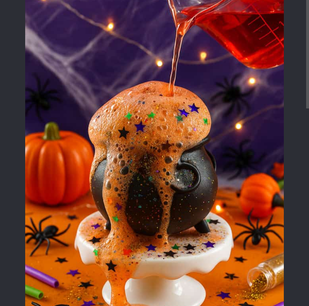 Halloween potion bubbling over a mini cauldron with stars and glitter