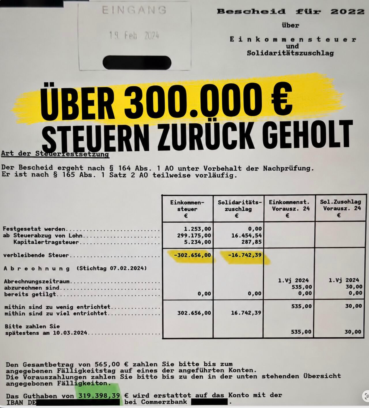 Steuerbescheid über 319.398 €