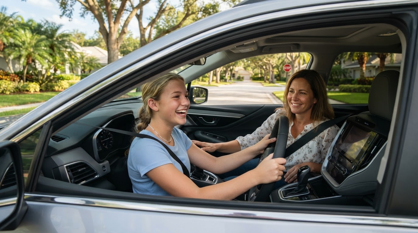Teenager learning to drive with a parent in Florida