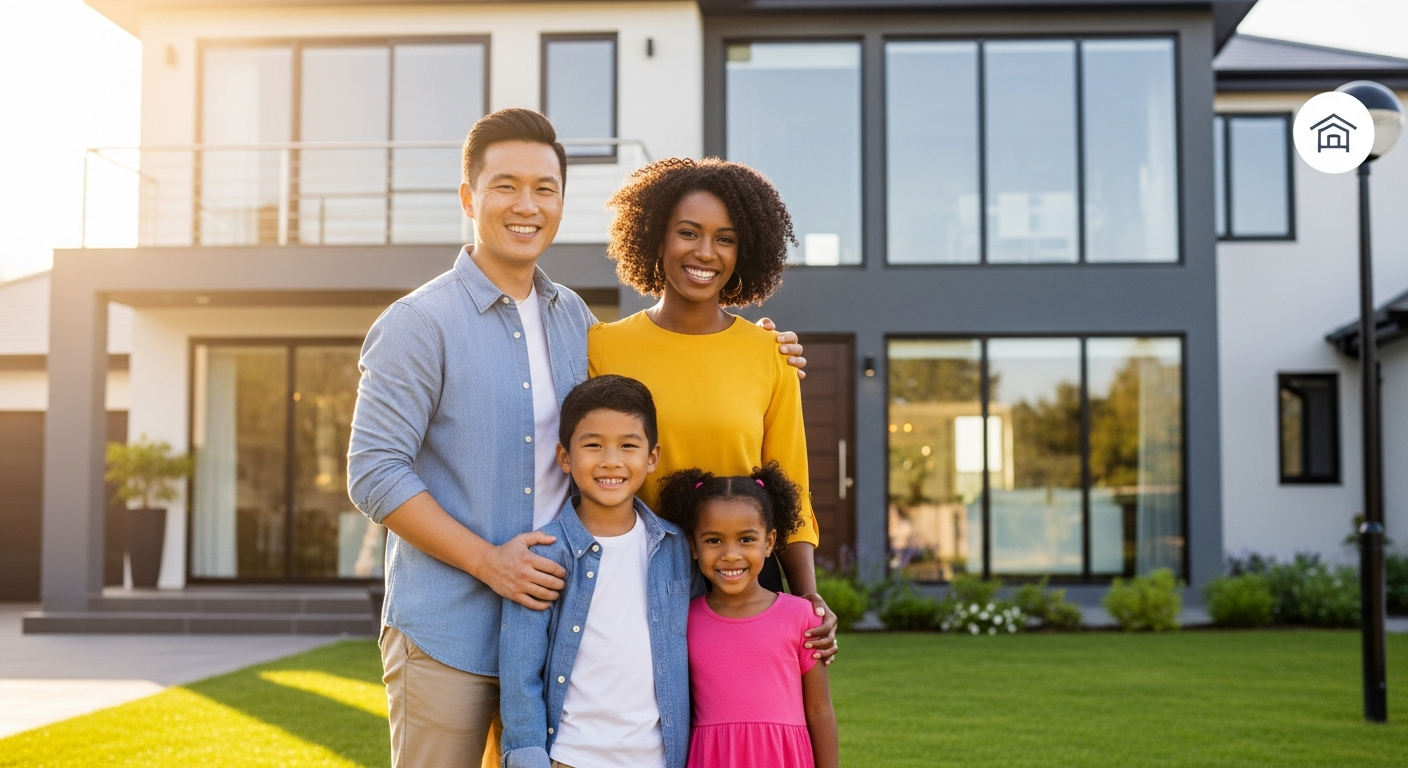 Family standing in front of home
