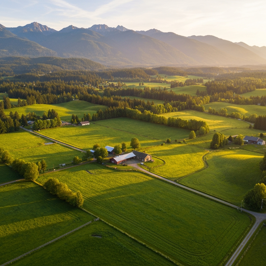 Aerial view of a lush green farm in the Fraser Valley BC with mountains in background