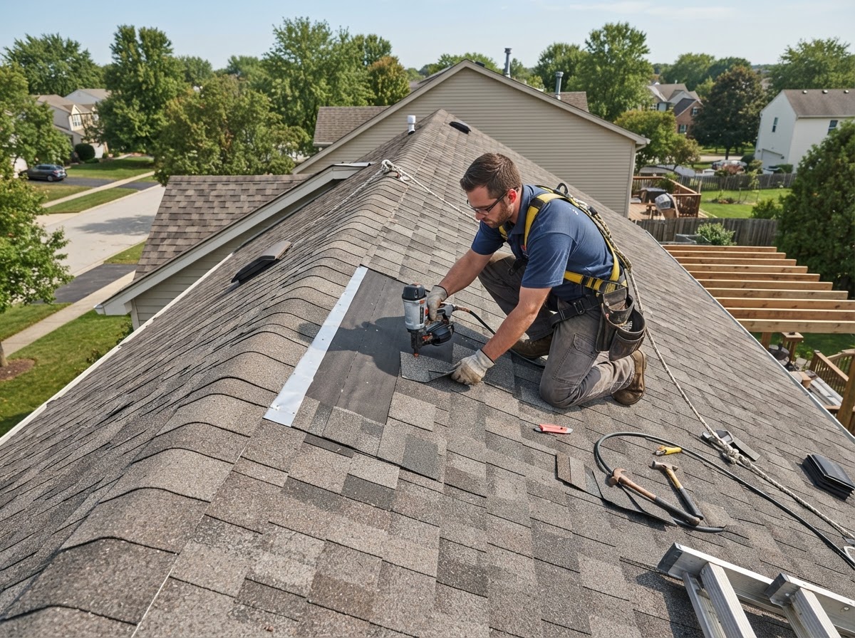 Residential roofing contractor repairing damaged asphalt shingles