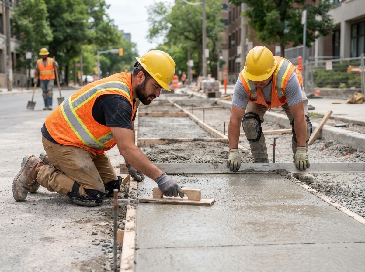 Construction crew finishing newly placed concrete at a commercial property