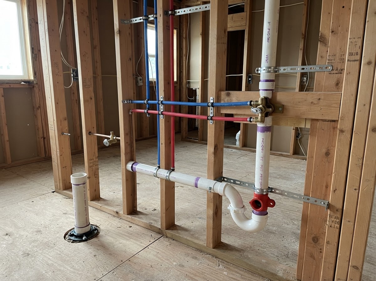 Plumbing rough-in with water supply and drain piping before drywall installation