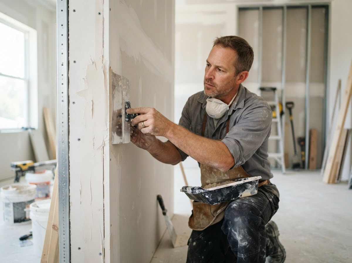 Professional drywall finisher applying joint compound to taped drywall seams