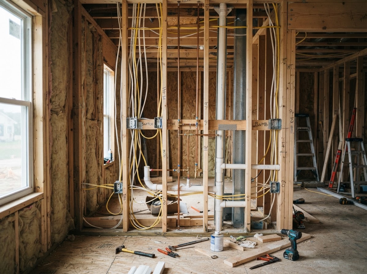 Residential renovation showing framing and coordinated electrical and plumbing work
