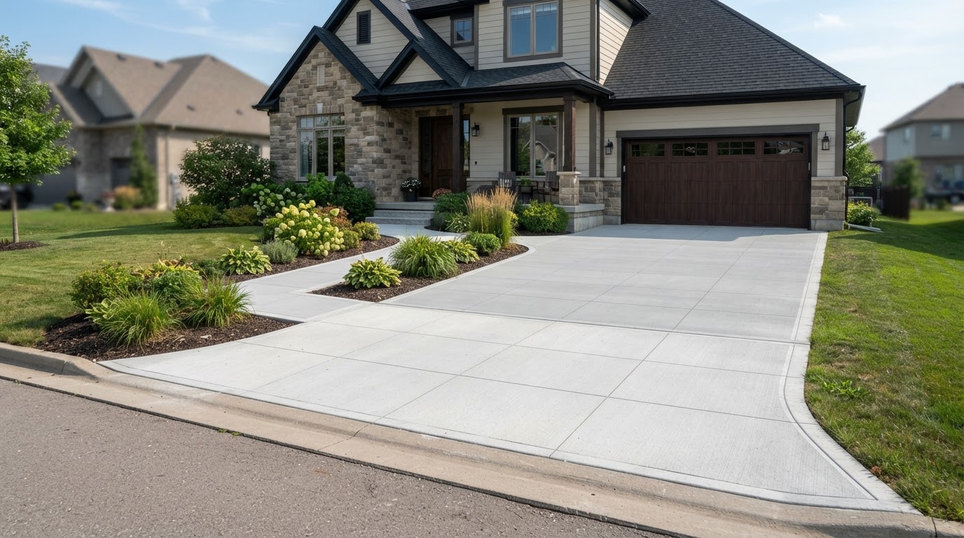 Professionally installed concrete driveway and walkway with broom finish