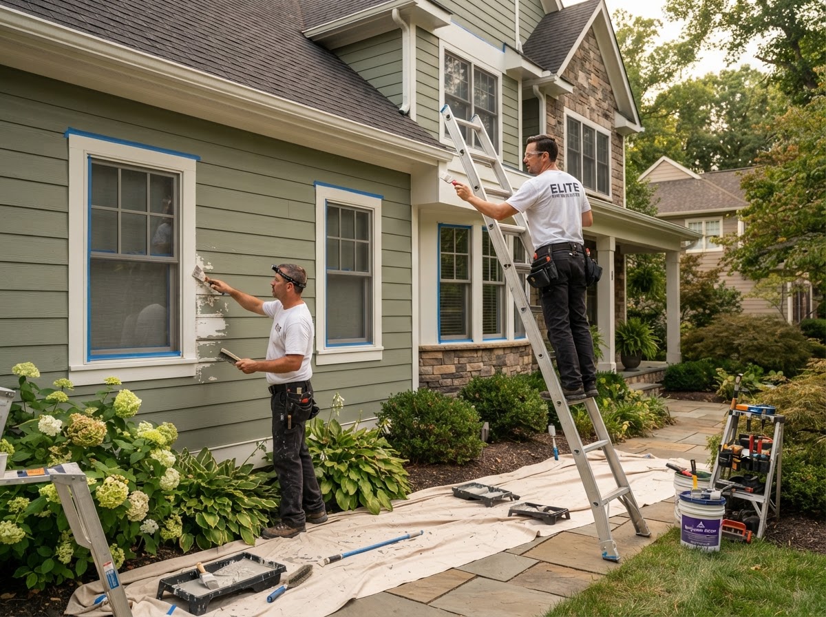 Professional exterior painting crew preparing and painting house siding