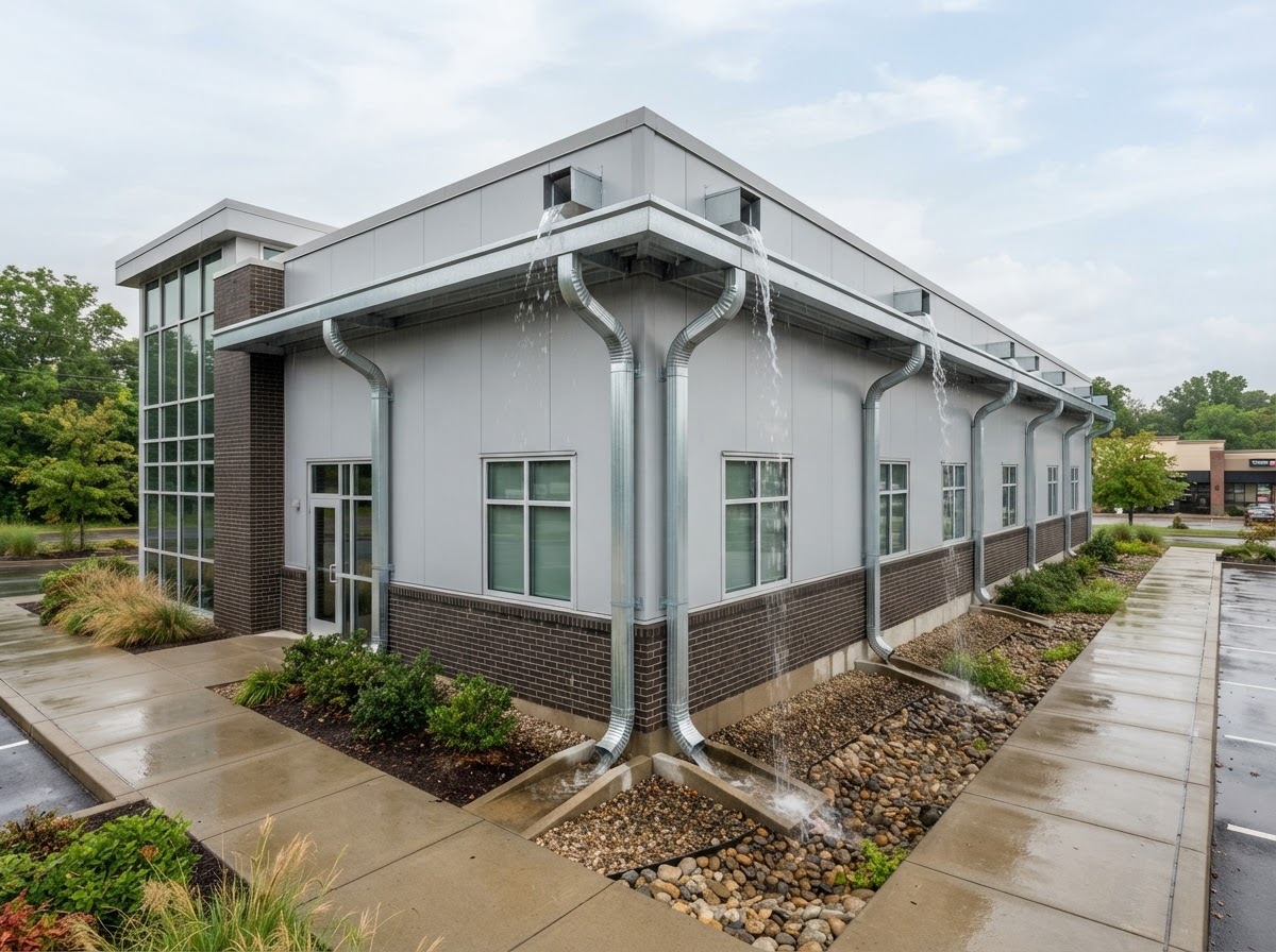 Commercial building roof drainage system with gutters and downspouts
