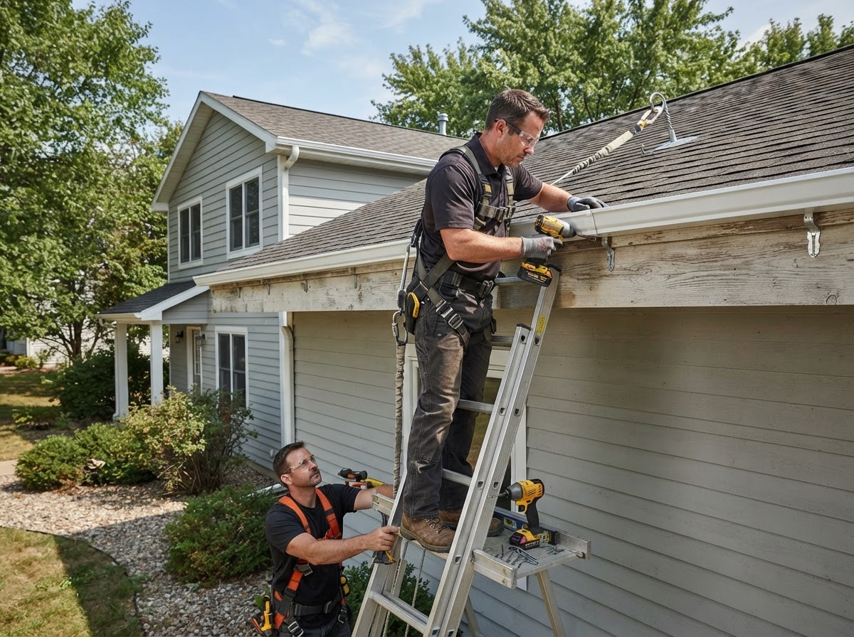 Professional contractor installing seamless aluminum gutters on a residential roof edge