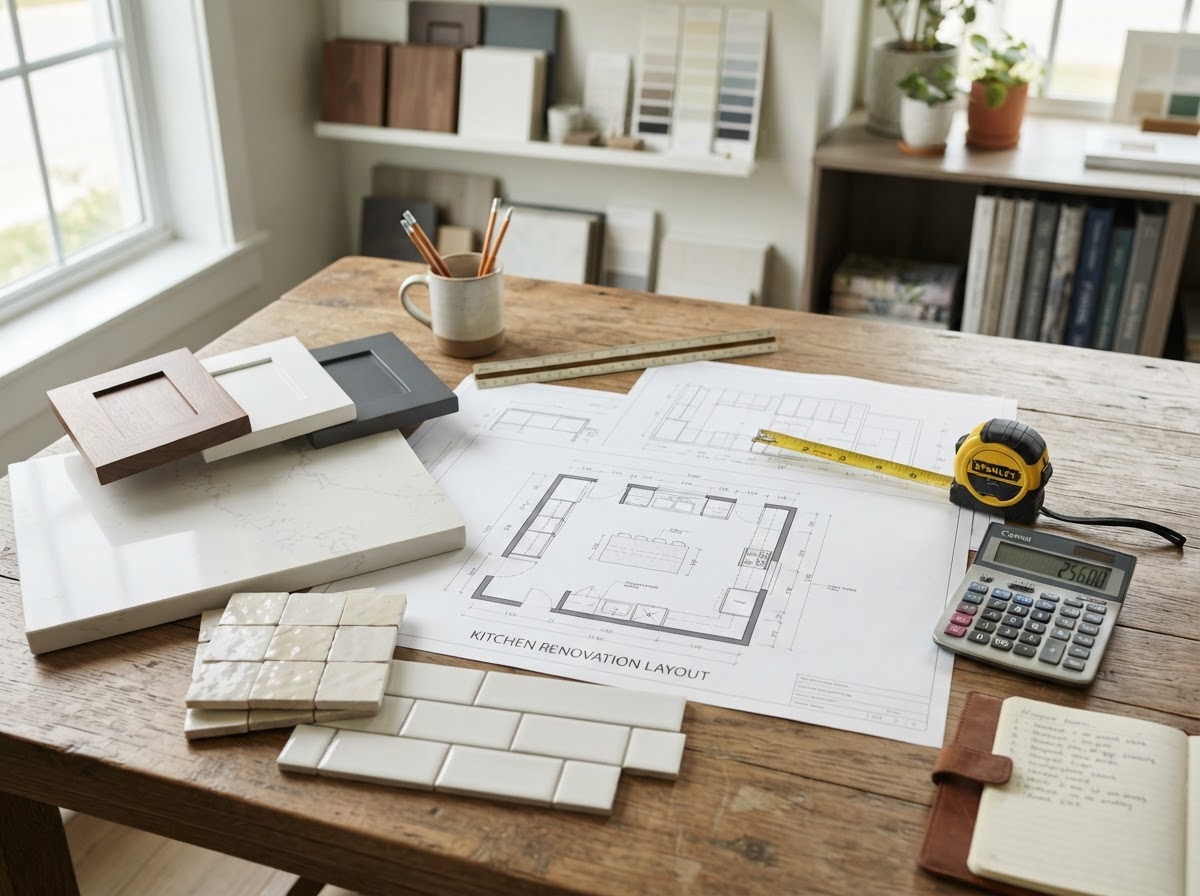 Kitchen renovation planning workspace with layout drawings and material samples