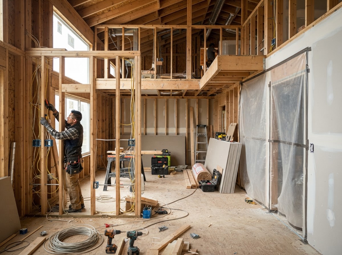 Residential renovation showing framing and construction preparation before finishing work