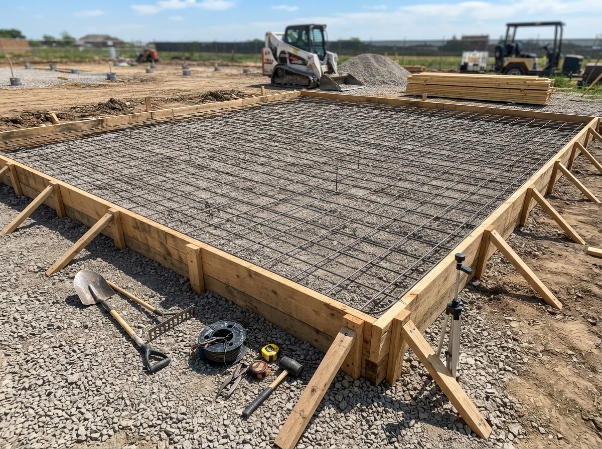 Concrete installation site with compacted gravel subbase and formwork