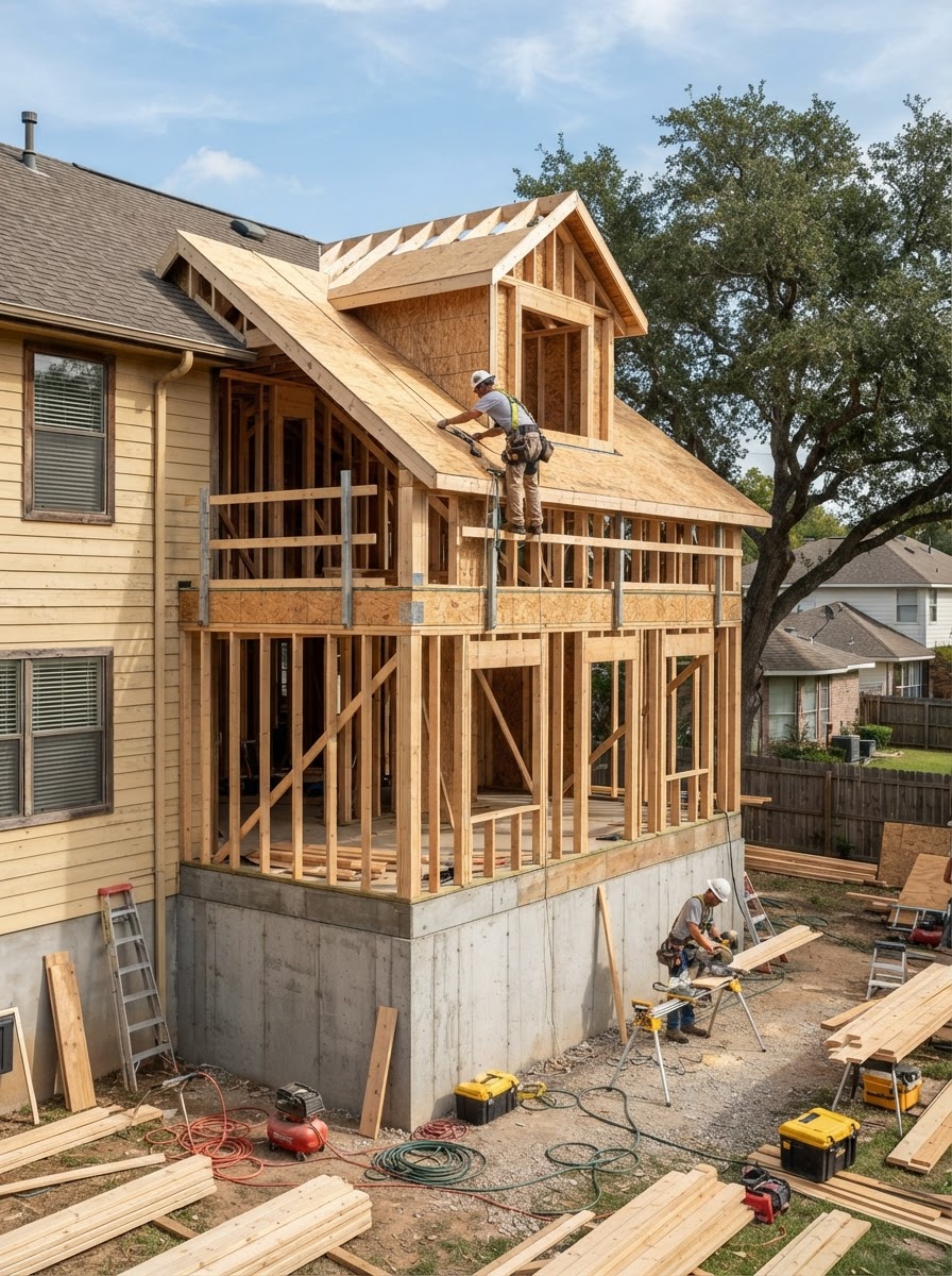 Residential home addition under construction showing structural framing