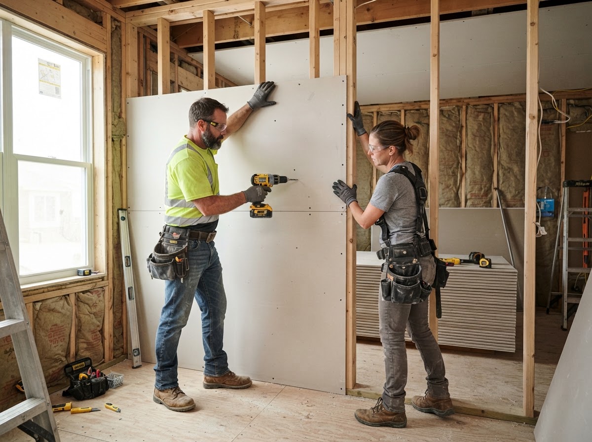 Construction crew installing drywall panels on interior wall framing