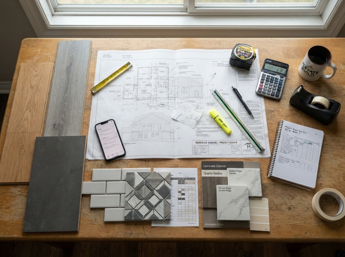 Construction plans and material selections used to develop a home renovation budget