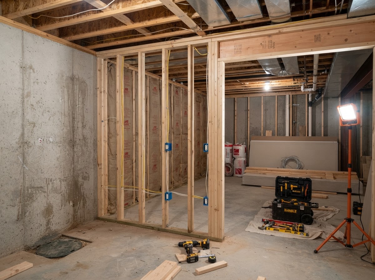 Basement renovation in progress with wall framing and electrical rough-in work