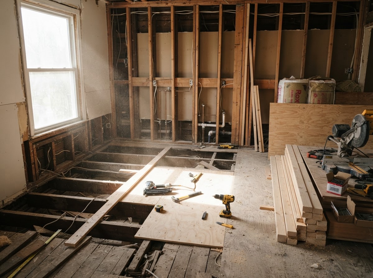 Residential remodeling project showing framing and floor preparation before installation