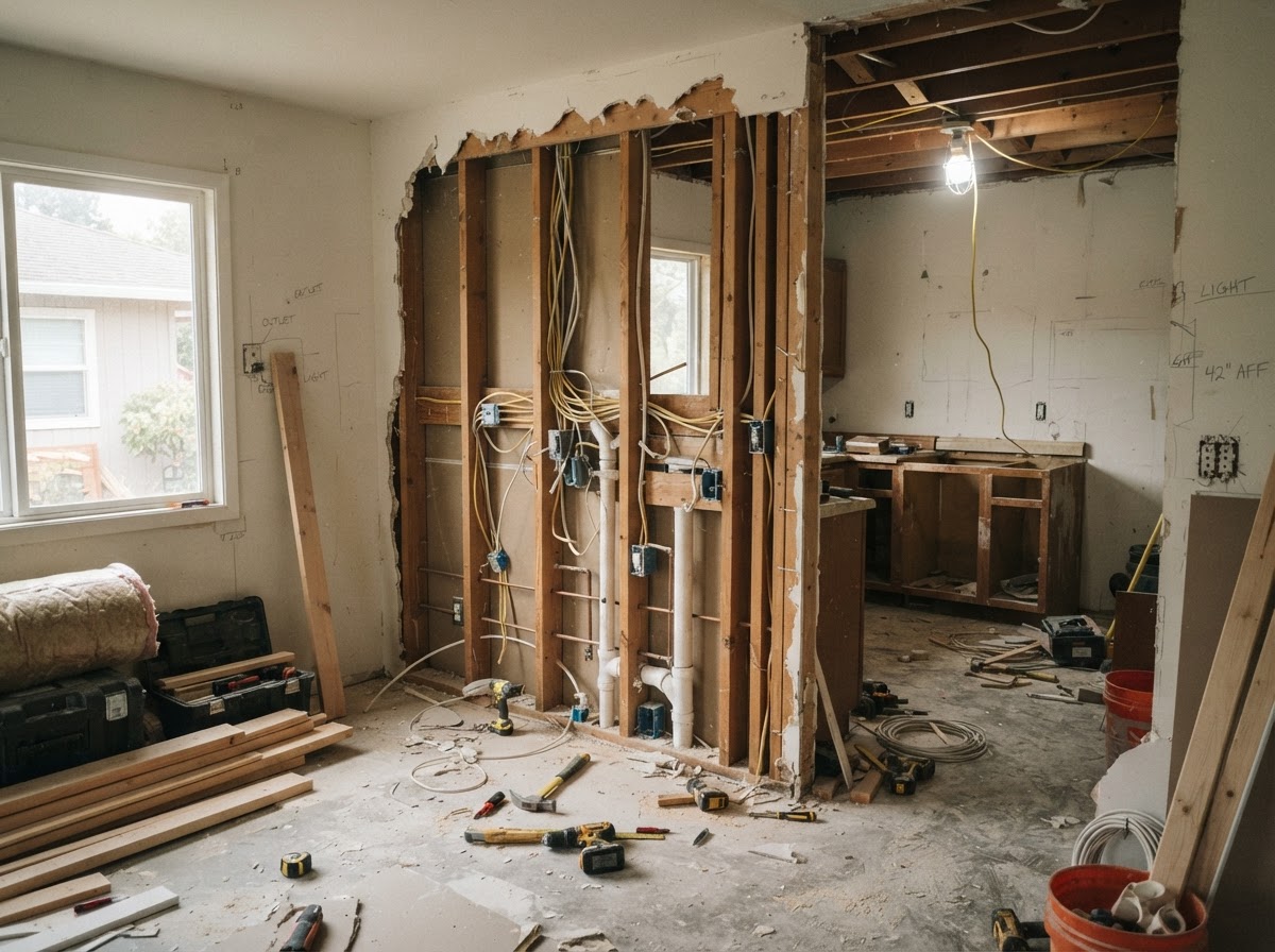 Kitchen remodeling project in progress with exposed framing and rough-in work