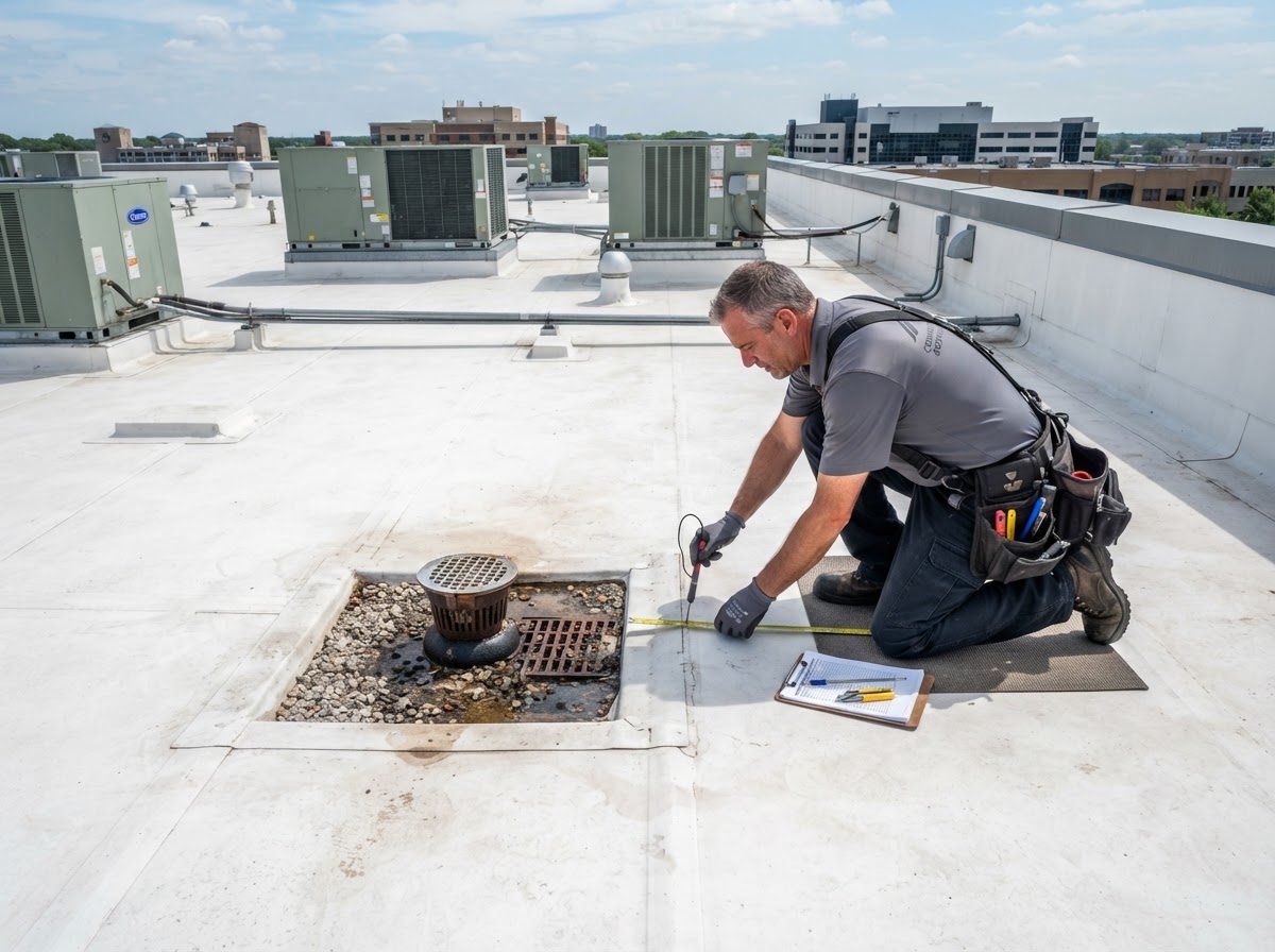 Commercial roofing contractor evaluating a low-slope roofing system