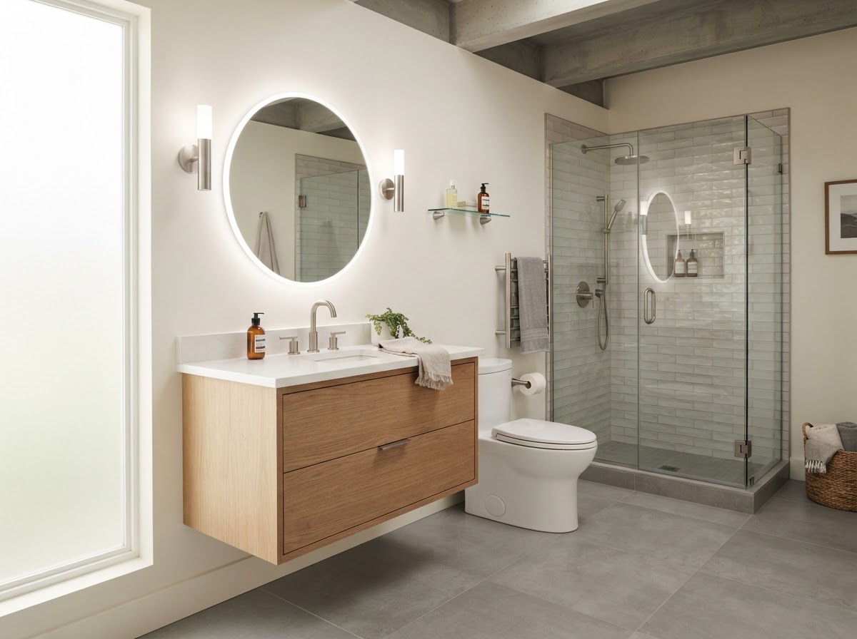 Completed plumbing fixture installation in a renovated bathroom