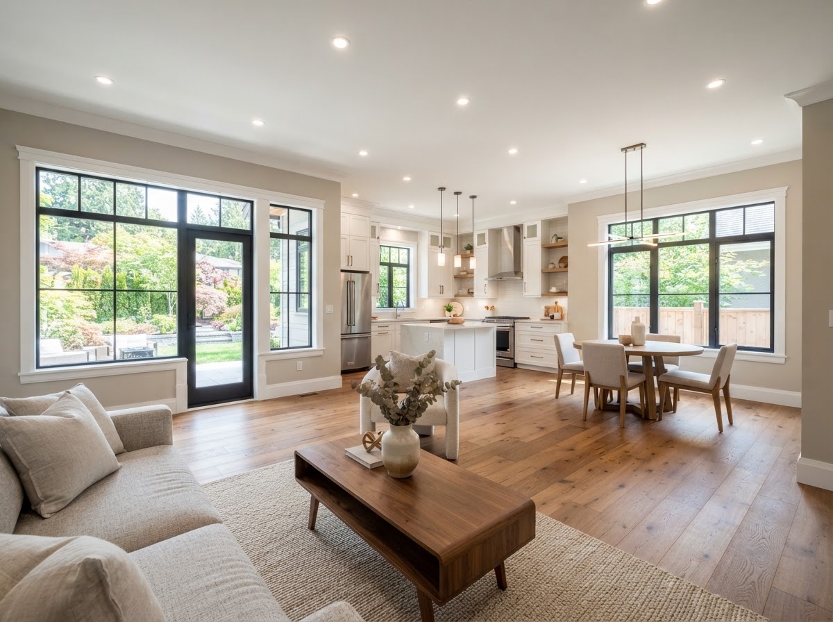 Completed residential renovation with updated flooring and interior finishes
