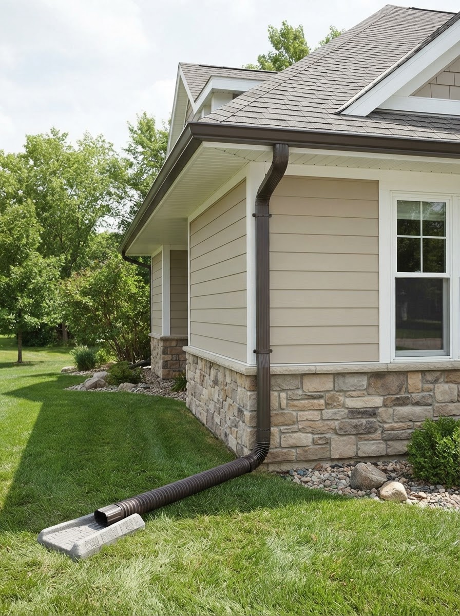 Residential home with seamless gutters and downspouts directing roof runoff away from the building