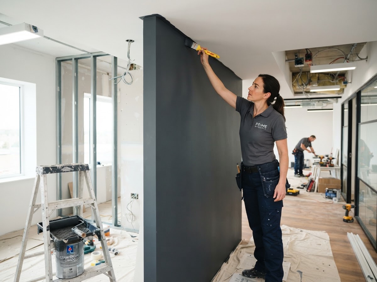 Commercial painting contractor finishing interior walls in an office renovation