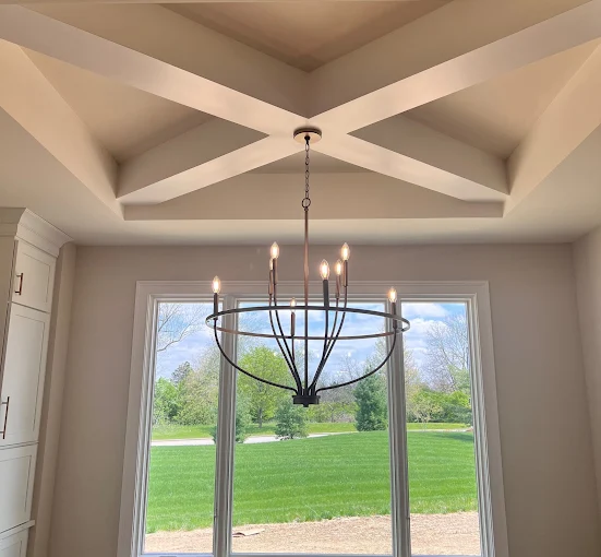 Coffered ceiling drywall with chandelier installation