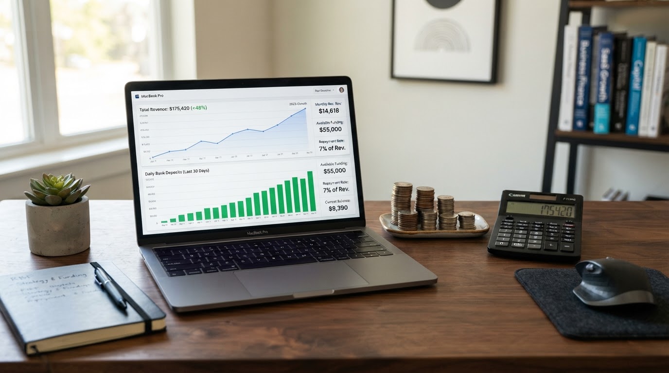 A modern office desk with a laptop showing an upward revenue growth chart with daily bank deposit bars, a financial dashboard, stacks of coins and a calculator, representing revenue-based financing