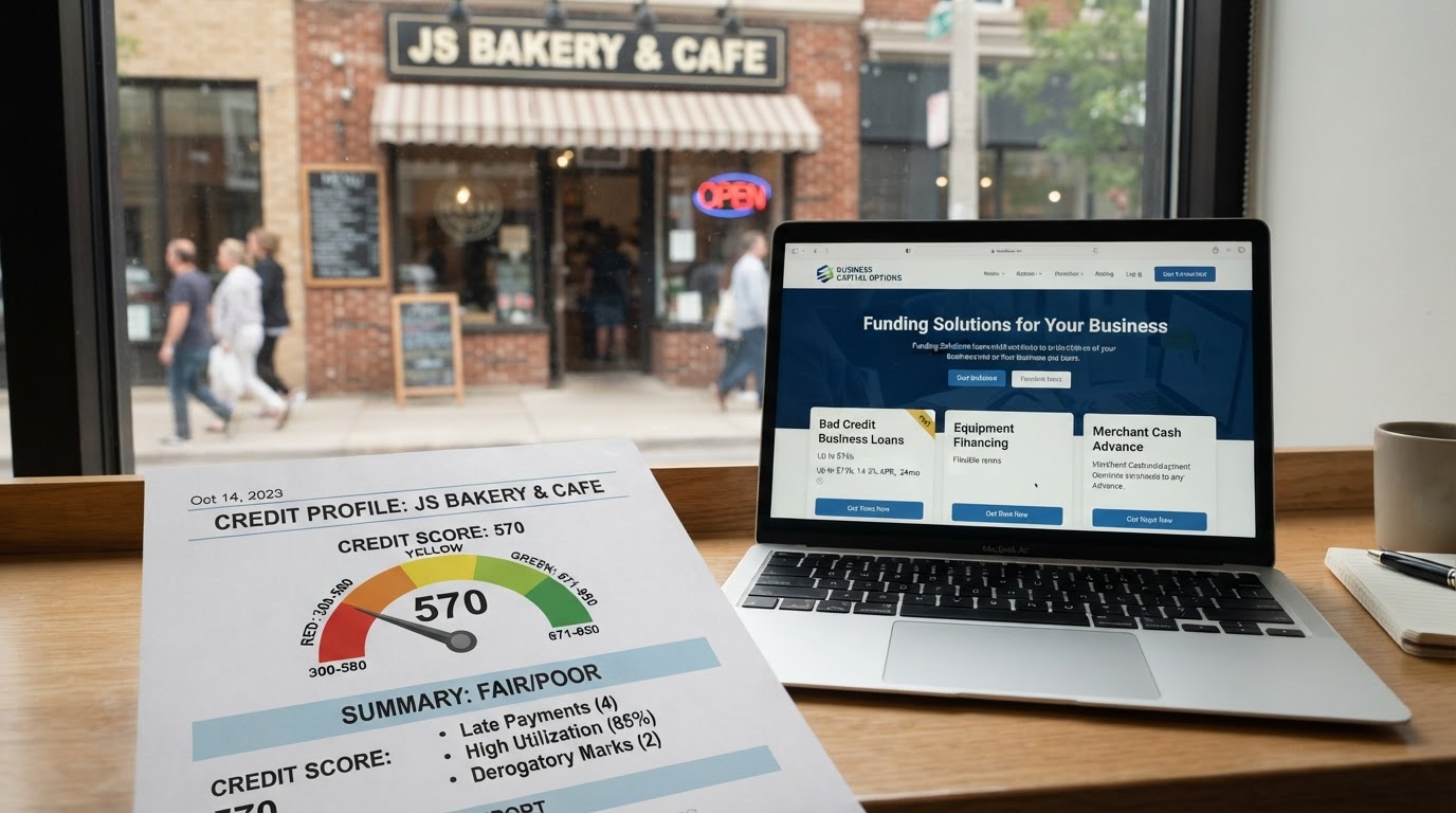 A credit report document with a low score indicator, a laptop showing funding options, and a small business storefront in the background representing business funding with bad credit
