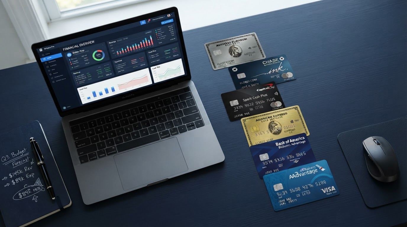 Multiple business credit cards fanned out on a desk next to a laptop showing a financial dashboard, representing 0% credit card stacking for business funding