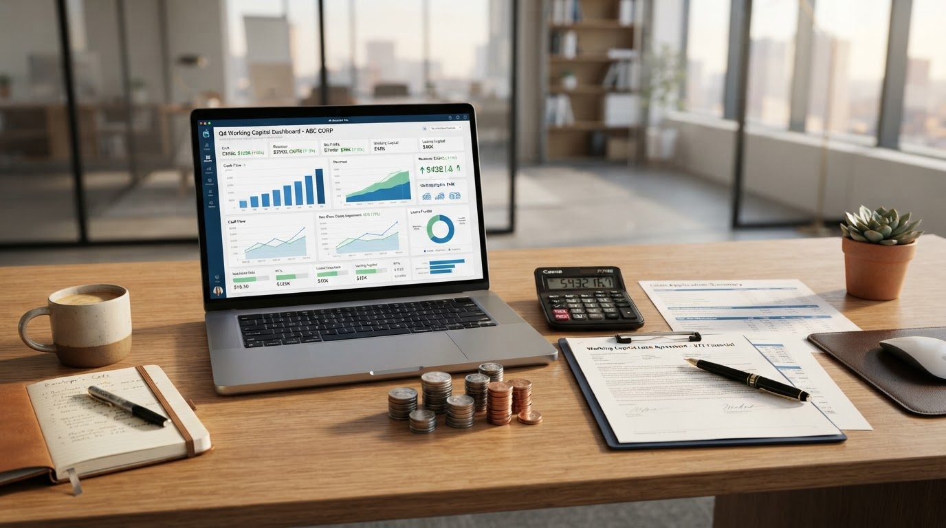 A modern office desk with a laptop showing a cash flow dashboard with upward growth charts, stacks of coins, a calculator, and financial documents representing working capital loans