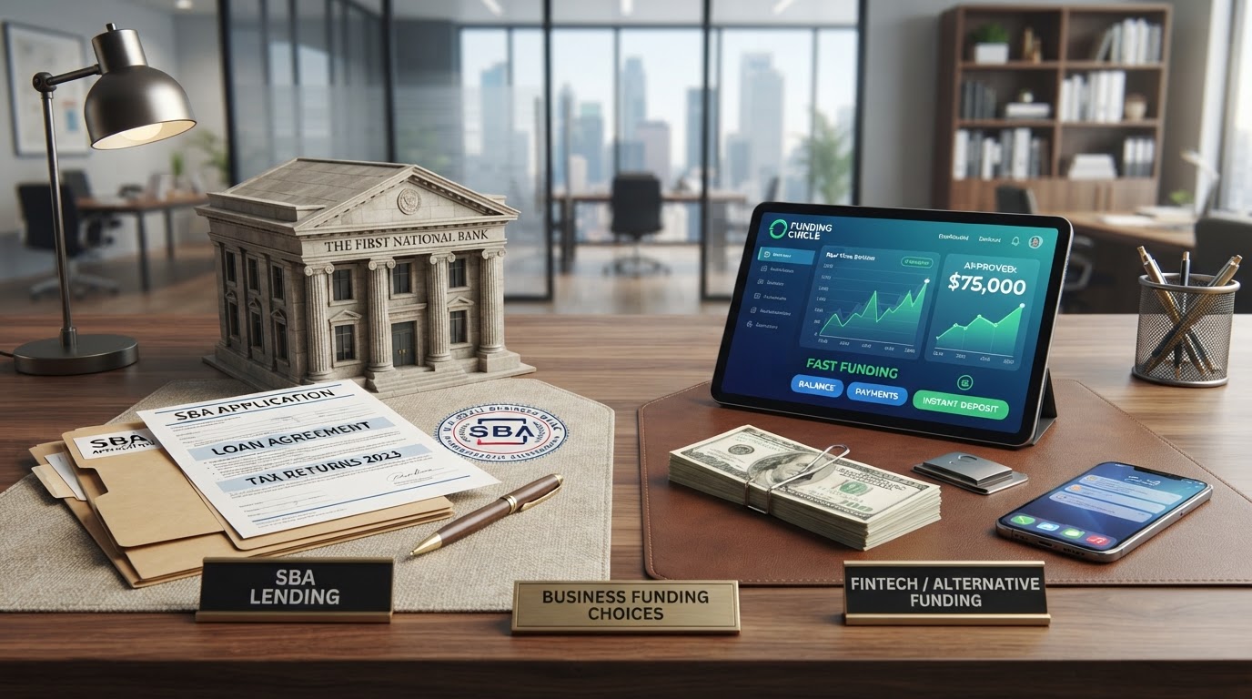 Two diverging paths on a desk — one showing a traditional bank building and government documents, the other a modern fintech dashboard and fast cash — representing SBA loans vs alternative business funding