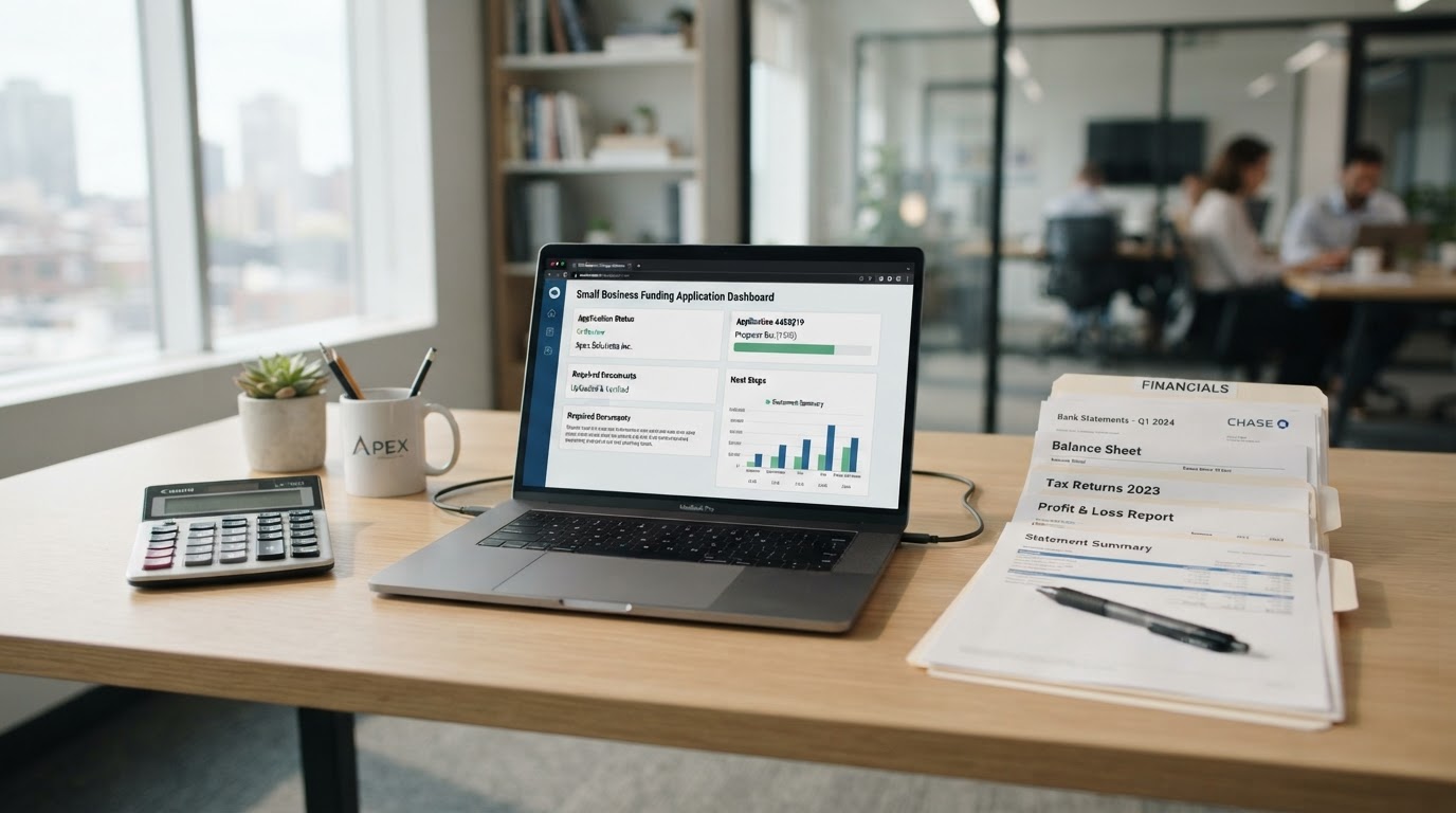Clean modern business desk with organized bank statements, financial documents, a laptop showing a funding application dashboard, a calculator, and a pen representing business funding approval preparation