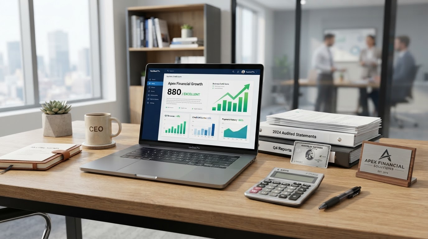 A modern business desk with a laptop displaying a business credit score dashboard with upward growth charts, financial documents, a credit card, and a calculator representing building business credit from scratch