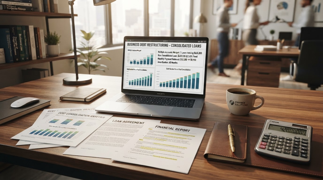 A modern business desk with financial documents showing debt consolidation charts, a laptop displaying multiple loan accounts being merged into one, stacks of paperwork with a calculator and a pen, representing business debt consolidation and loan restructuring