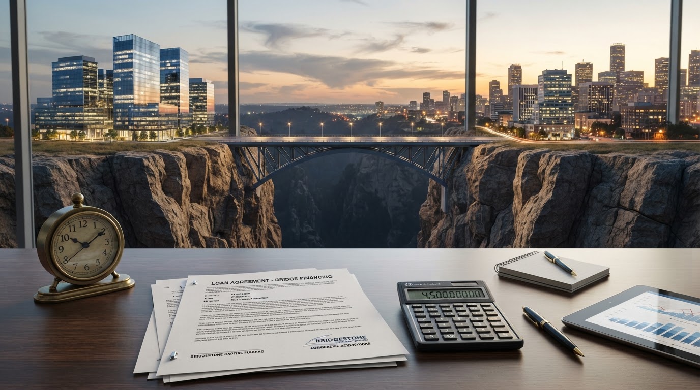 A conceptual image of a literal bridge connecting two cliffs with commercial real estate buildings on either side, a clock and financial documents with a calculator on a desk in the foreground, representing a business bridge loan for real estate transitions