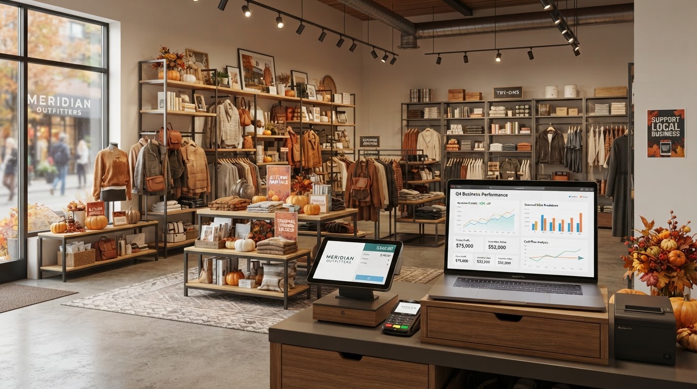 Retail storefront with seasonal inventory displays, stocked shelves, a cash register, and a laptop showing a financial dashboard with growth charts representing seasonal business funding and cash flow management