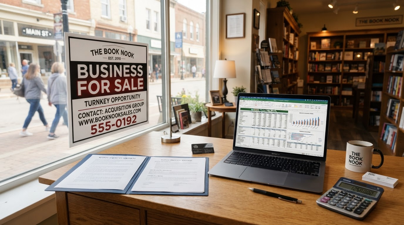 A small business storefront with a Business for Sale sign in the window, a laptop showing financial acquisition documents and valuation spreadsheets, a calculator and folder of business transfer paperwork on a desk, representing business acquisition financing