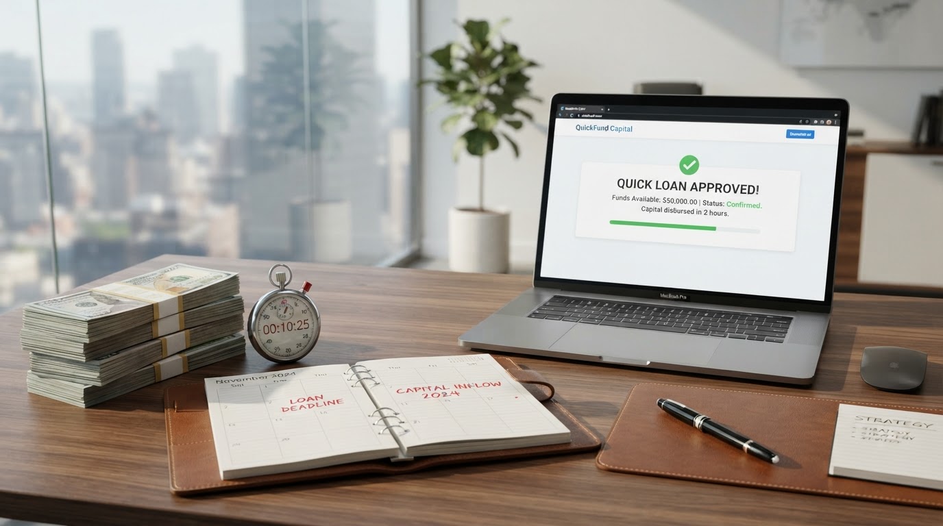 A stopwatch, calendar, and stack of cash on a modern business desk next to a laptop showing a fast loan approval screen representing short-term business loans and quick capital