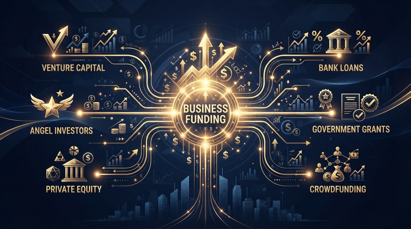 Abstract financial concept image showing multiple funding paths branching from a central glowing node with growth charts and data streams