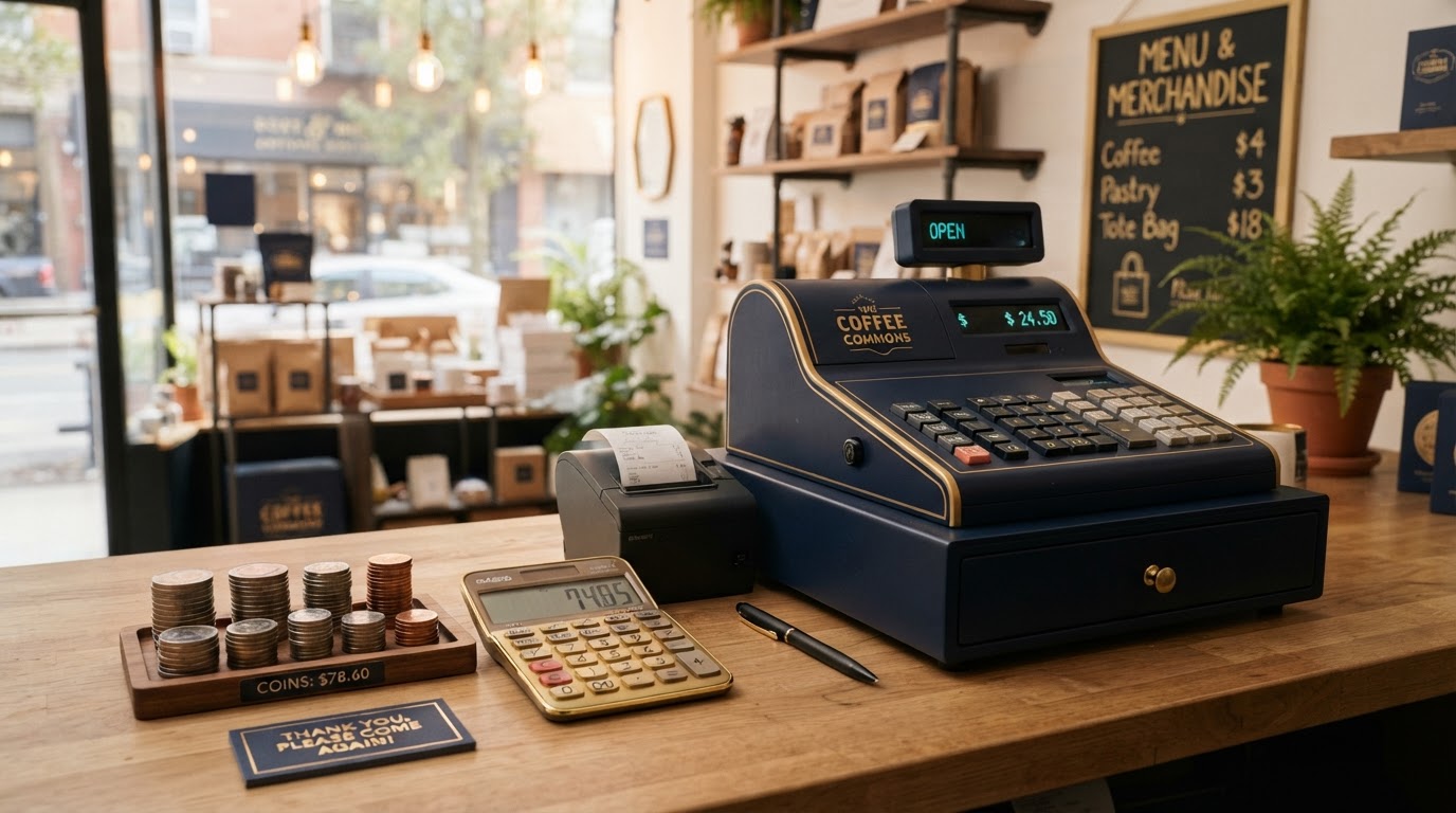 Small business storefront with cash register, coins, and a calculator representing business cash advance vs small business loans