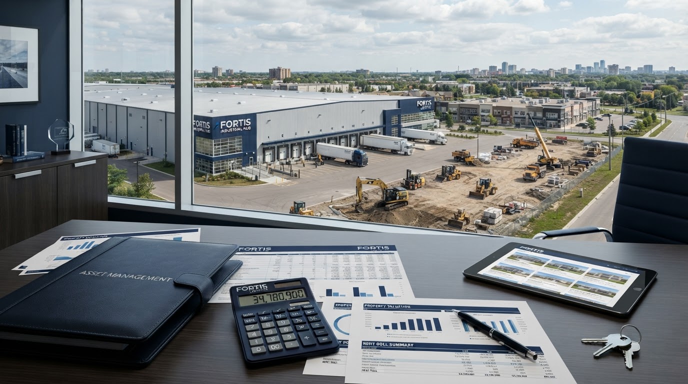 Commercial warehouse, heavy equipment, and business property with financial documents and a calculator representing secured business loans and collateral