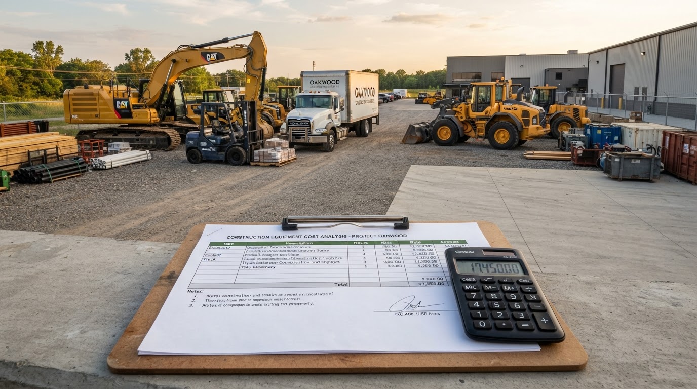 Heavy construction equipment and machinery in a commercial yard — excavators, forklifts, delivery trucks — with a financial spreadsheet and calculator on a clipboard in the foreground representing equipment financing