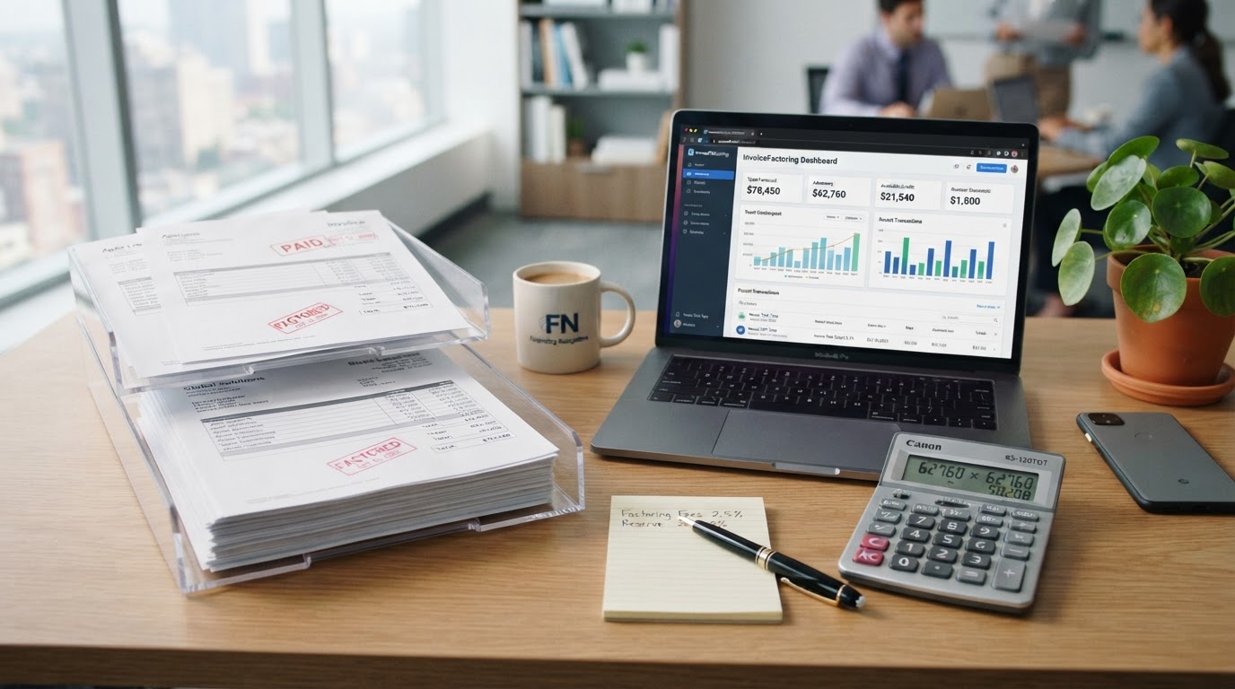 A clean business desk with a stack of business invoices, some stamped PAID and FACTORED, next to a laptop showing a payment processing dashboard and a calculator, representing invoice factoring and invoice financing