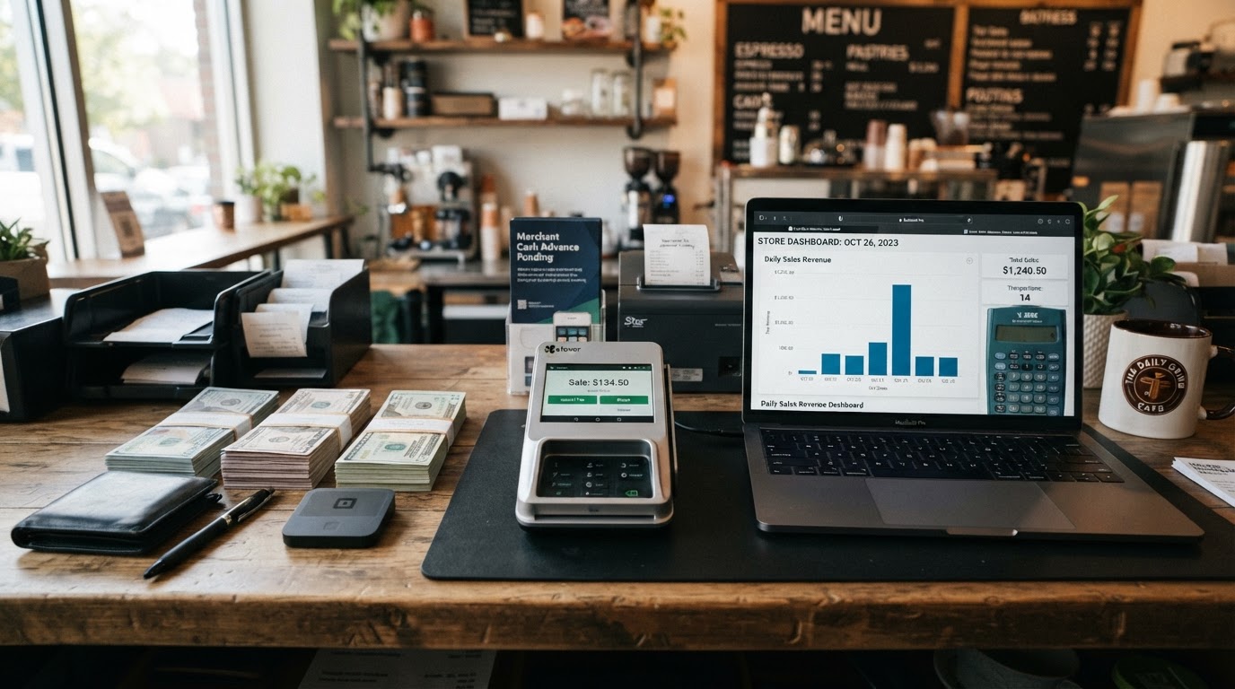 A modern business desk with a point-of-sale credit card terminal, stacks of cash, a laptop displaying a daily sales revenue dashboard with bar charts and a calculator, representing merchant cash advance funding