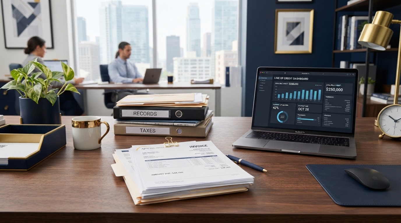 Business invoices and financial documents on a desk next to a laptop showing a line of credit dashboard