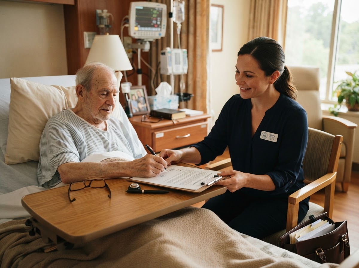 Notary sitting beside an elderly man in a hospital bed, notarizing documents