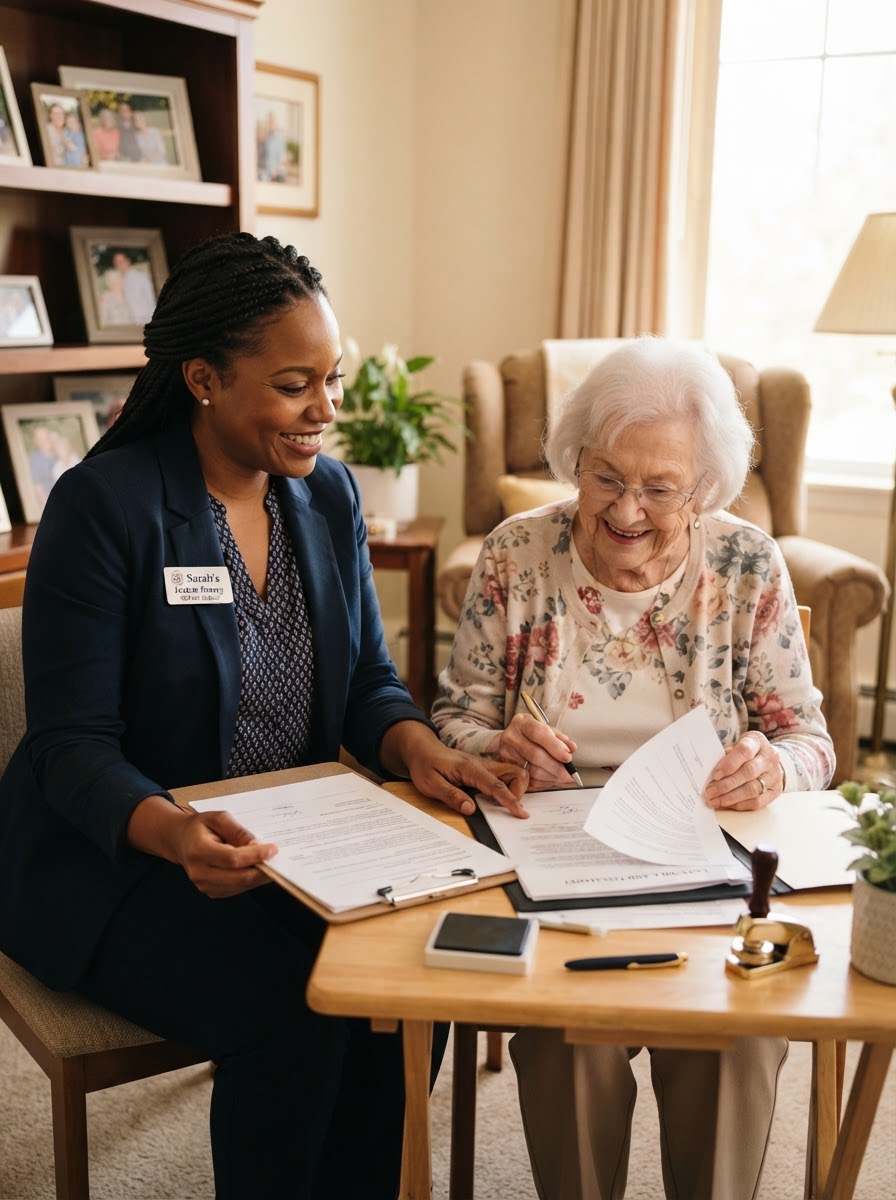 Mobile notary visiting an elderly resident at a retirement home